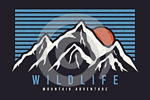 Mountain typography graphics for slogan tee shirt with sun and stripes. Mountain adventure print for apparel, t-shirt design photo
